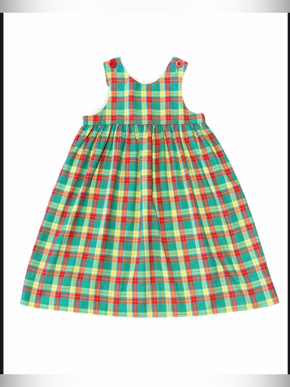 Vintage Kelly’s Kids Girls Madras Tartan Plaid Jumper Dress Shoulder Button 5